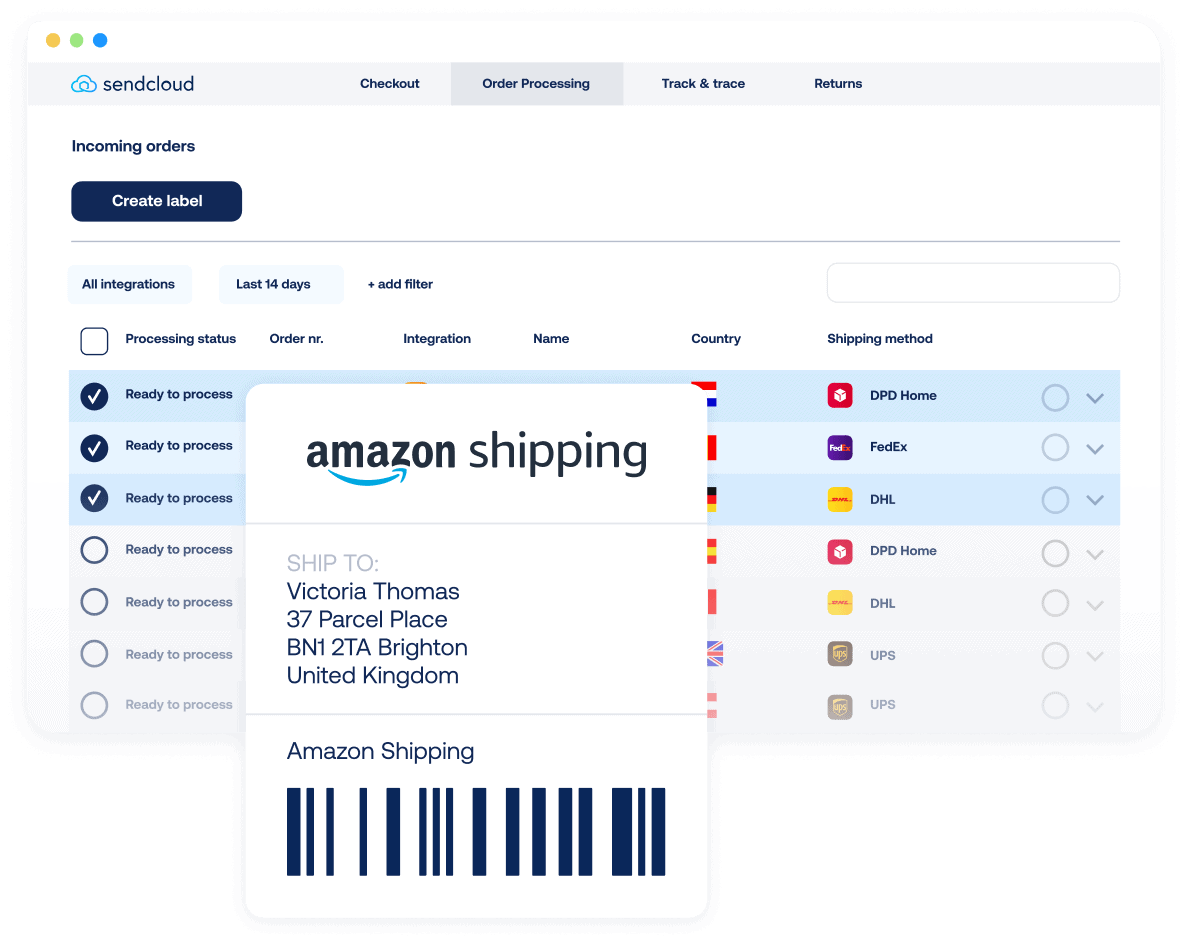 Amazon Shipping label against the Sendcloud shipping automation platform